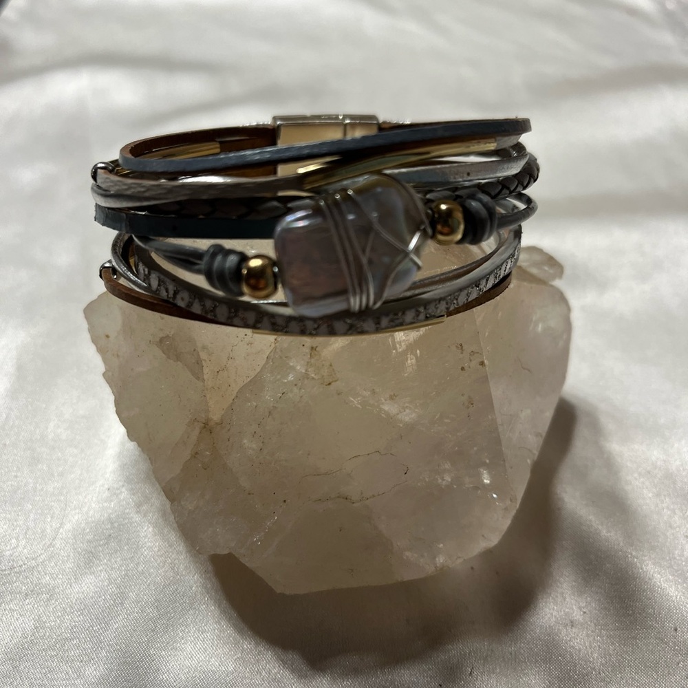 Pearl, Silver and Gold Wire-Wrapped Bracelet